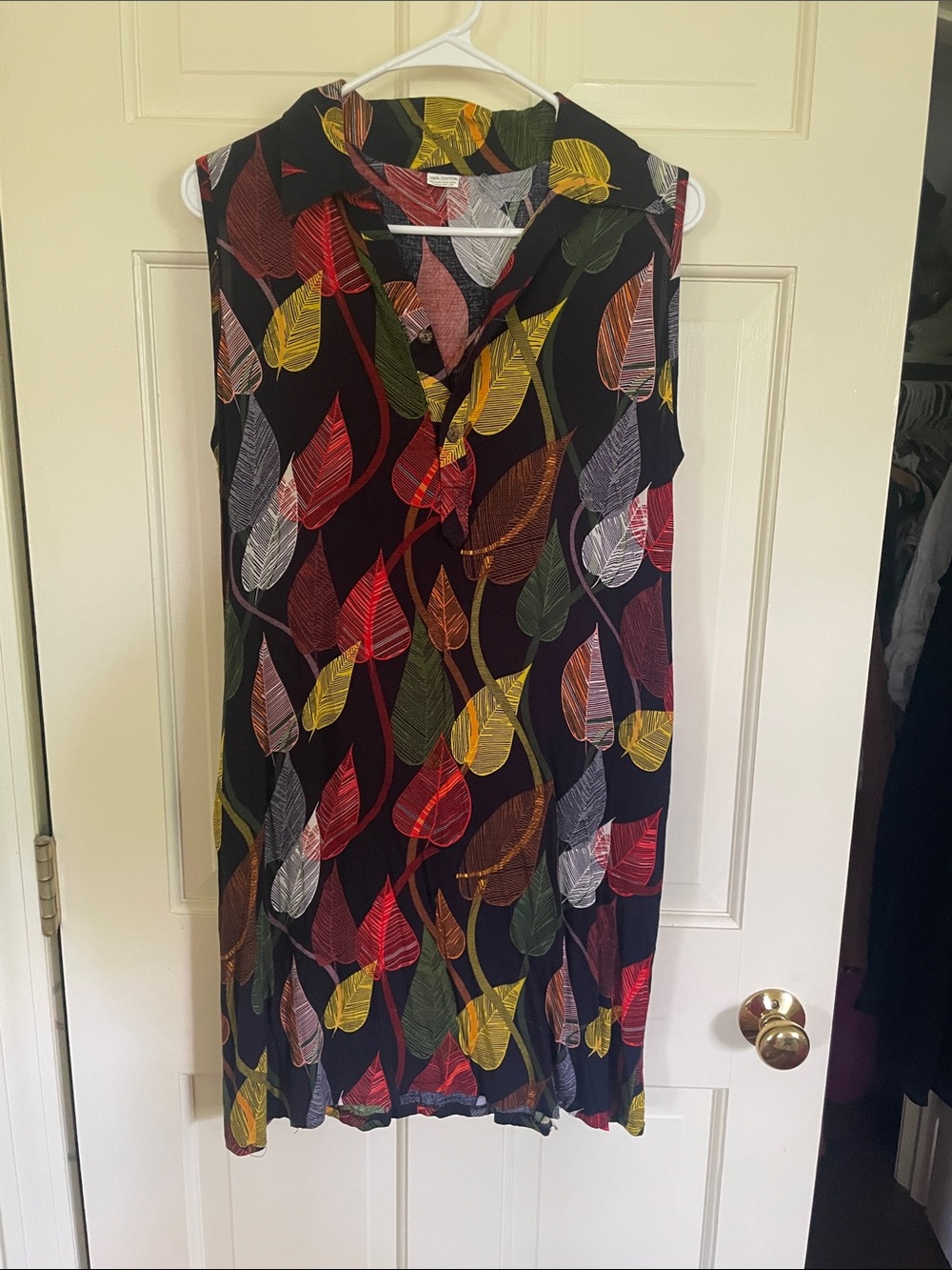 Sleeveless Leaf Print Shift Dress in Black with Multicolor Leaves